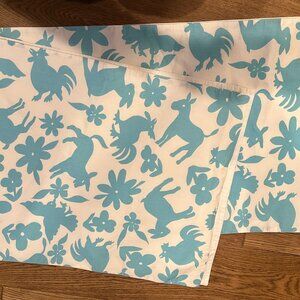 Vintage Pottery Barn Table Runner 18x108 – Teal Folk Art Animals – Discontinued